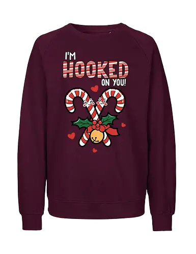 I'm hooked on you - christmas, candy canes, holly, bell, hearts, festive, typography, winter, holiday, fun - Fairtrade Sweatshirt