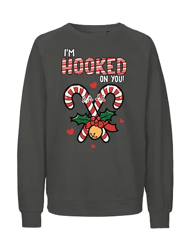 I'm hooked on you - christmas, candy canes, holly, bell, hearts, festive, typography, winter, holiday, fun - Fairtrade Sweatshirt
