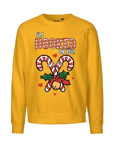 I'm hooked on you - christmas, candy canes, holly, bell, hearts, festive, typography, winter, holiday, fun - Fairtrade Sweatshirt