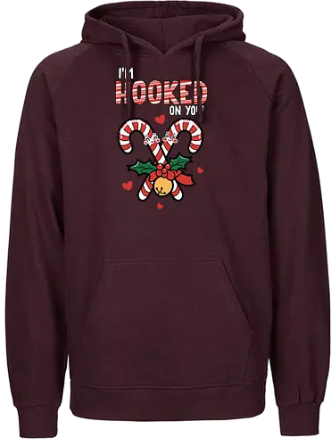 I'm hooked on you - christmas, candy canes, holly, bell, hearts, festive, typography, winter, holiday, fun - Fairtrade Hoodie
