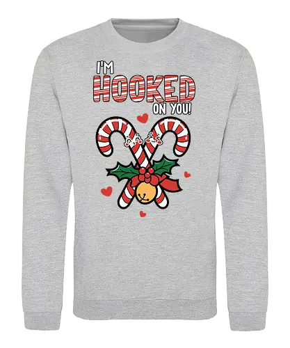 I'm hooked on you - christmas, candy canes, holly, bell, hearts, festive, typography, winter, holiday, fun - Sweatshirt