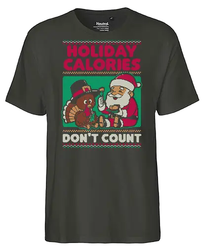 Ugly Sweater Holiday Food - Ugly Sweater, Holiday, Christmas, Merry Christmas, Ugly Christmas Sweater, Pixel Art, Turkey, Santa Claus, Thanksgiving, Pilgrim, calories, food, dinner - Fairtrade T-Shirt