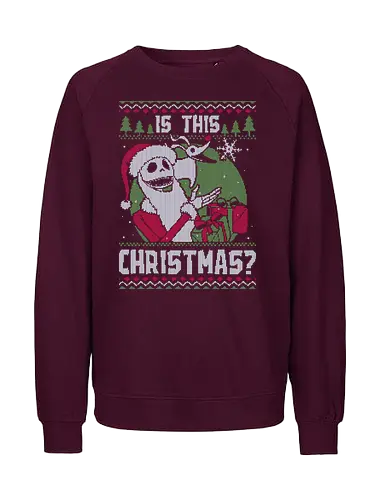 Ugly Sweater Skeleton Christmas - Ugly Sweater, Holiday, Christmas, Merry Christmas, Ugly Christmas Sweater, Christmas Sweater, Christmas Eve, Pixel Art, skeleton, skull, dog, pet, snow, movie, classic, stop-motion, animation, dark, halloween - Fairtrade Sweatshirt