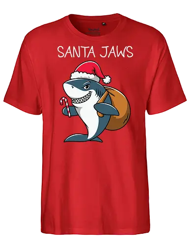 Santa Jaws - shark, santa, christmas, candy cane, sack, festive, humor, holiday, pun, hat - Fairtrade T-Shirt