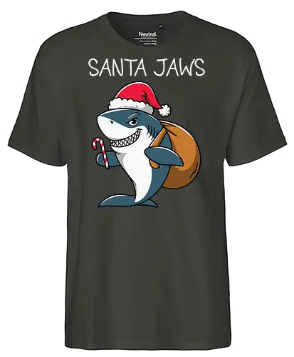 Santa Jaws - shark, santa, christmas, candy cane, sack, festive, humor, holiday, pun, hat - Fairtrade T-Shirt