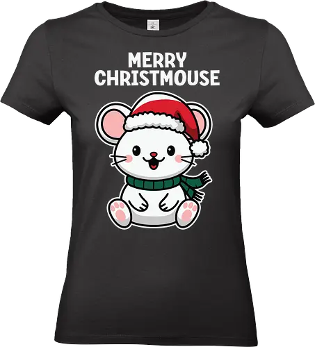 Merry Christmouse - christmas, mouse, santa hat, scarf, cute, cartoon, festive, holiday, cheerful - Standard T-Shirt (Women)