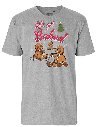 Let's get Baked - gingerbread, holiday, christmas, cookies, humor, festive, snowflakes, lettering, tree, baking - Fairtrade T-Shirt