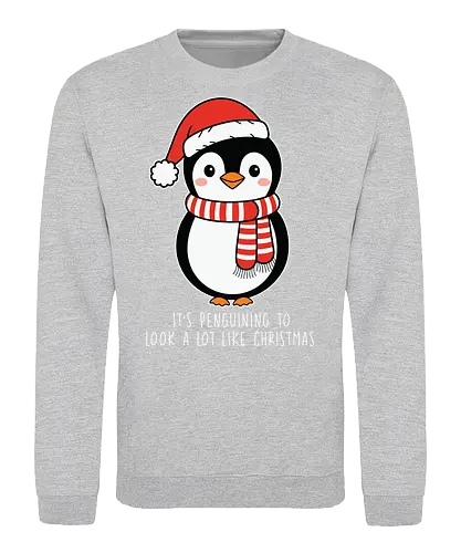 Its penguining to look alot like Christmas - penguin, christmas, santa hat, scarf, holiday, cute, festive, winter, playful - Sweatshirt
