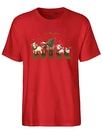 Christmas on the farm - christmas, farm animals, santa hats, festive, cow, goat, pig, chicken, holiday, tree. - Fairtrade T-Shirt