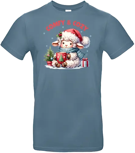 Comfy & Cozy - christmas, sheep, santa hat, scarf, mug, snow, holiday, gift, cozy, festive - Standard T-Shirt