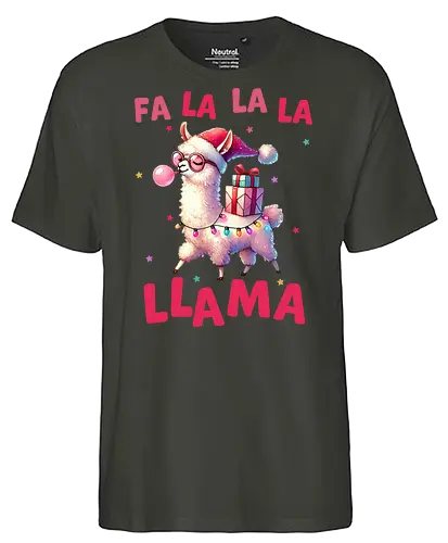 Fa La La La Llama - llama, christmas, santa hat, gift, holiday, cheerful, festive, humor, lights, playful - Fairtrade T-Shirt