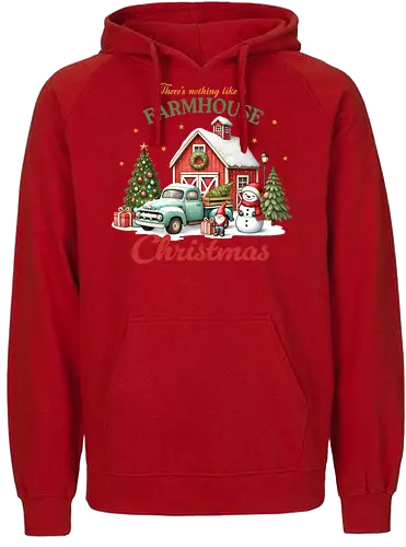 There's nothing like a farmhouse christmas - farmhouse, christmas, barn, snowman, vintage truck, festive, gifts, wreath, winter, holiday spirit - Fairtrade Hoodie