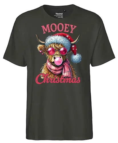 Mooey Christmas - cow, christmas, santa hat, sunglasses, bubblegum, humor, festive, holiday, pink - Fairtrade T-Shirt