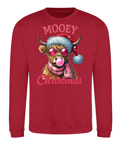 Mooey Christmas - cow, christmas, santa hat, sunglasses, bubblegum, humor, festive, holiday, pink - Sweatshirt
