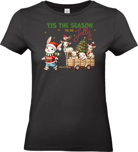 Tis the season to be jolly - festive, christmas, bunny, holiday, cart, animals, cheerful, stars, tree - Standard T-Shirt (Women)