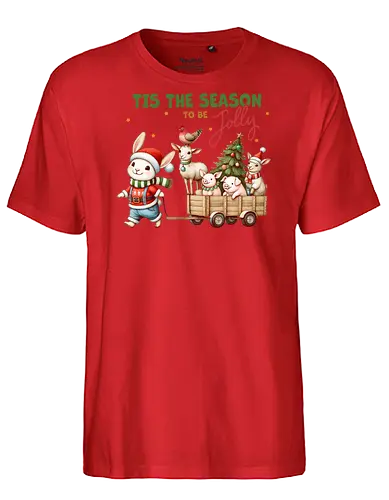 Tis the season to be jolly - festive, christmas, bunny, holiday, cart, animals, cheerful, stars, tree - Fairtrade T-Shirt