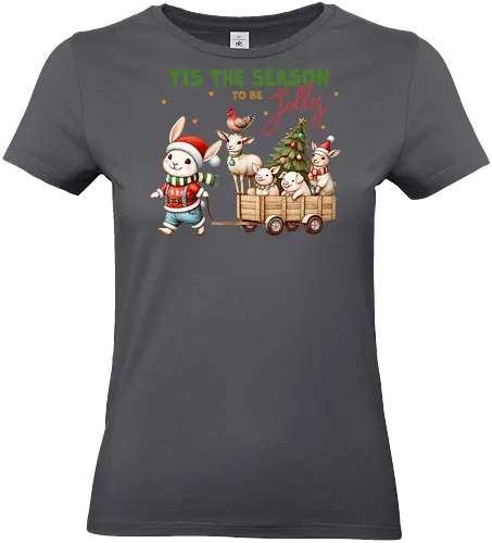 Tis the season to be jolly - festive, christmas, bunny, holiday, cart, animals, cheerful, stars, tree - Standard T-Shirt (Women)