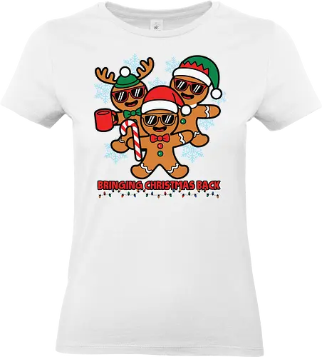 Bringing Christmas Back - gingerbread, christmas, festive, holiday, snowflakes, santa hats, sunglasses, fun, candy cane, mug - Standard T-Shirt (Women)