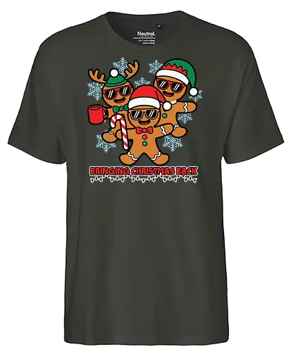 Bringing Christmas Back - gingerbread, christmas, festive, holiday, snowflakes, santa hats, sunglasses, fun, candy cane, mug - Fairtrade T-Shirt