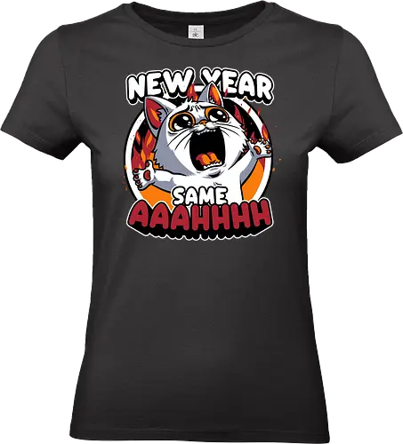 New Year Despair - irony, sarcasm, cat, pet, animal, despair, depression, new year, réveillon, New Year's Eve, fun, funny, cute, scream, anxiety - Standard T-Shirt (Women)