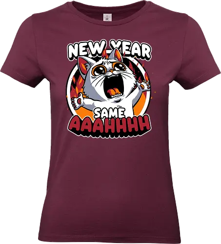 New Year Despair - irony, sarcasm, cat, pet, animal, despair, depression, new year, réveillon, New Year's Eve, fun, funny, cute, scream, anxiety - Standard T-Shirt (Women)