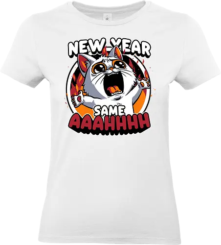 New Year Despair - irony, sarcasm, cat, pet, animal, despair, depression, new year, réveillon, New Year's Eve, fun, funny, cute, scream, anxiety - Standard T-Shirt (Women)
