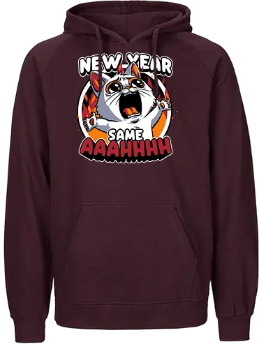 New Year Despair - irony, sarcasm, cat, pet, animal, despair, depression, new year, réveillon, New Year's Eve, fun, funny, cute, scream, anxiety - Fairtrade Hoodie