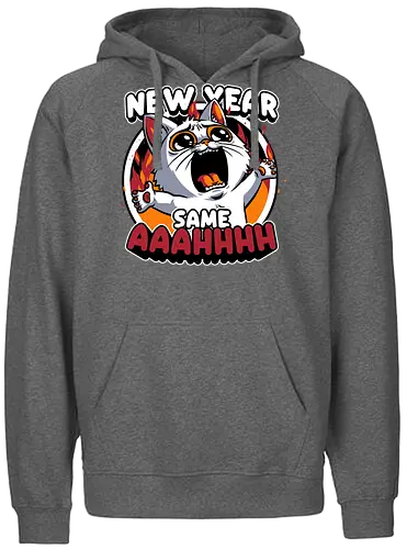 New Year Despair - irony, sarcasm, cat, pet, animal, despair, depression, new year, réveillon, New Year's Eve, fun, funny, cute, scream, anxiety - Fairtrade Hoodie