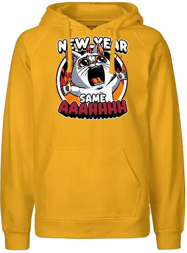 New Year Despair - irony, sarcasm, cat, pet, animal, despair, depression, new year, réveillon, New Year's Eve, fun, funny, cute, scream, anxiety - Fairtrade Hoodie