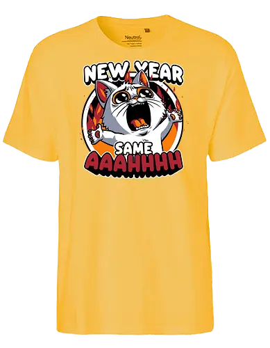 New Year Despair - irony, sarcasm, cat, pet, animal, despair, depression, new year, réveillon, New Year's Eve, fun, funny, cute, scream, anxiety - Fairtrade T-Shirt