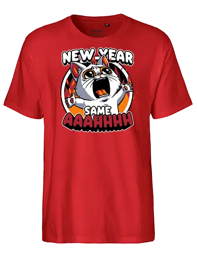 New Year Despair - irony, sarcasm, cat, pet, animal, despair, depression, new year, réveillon, New Year's Eve, fun, funny, cute, scream, anxiety - Fairtrade T-Shirt