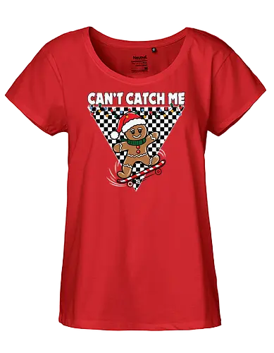 Can't Catch Me - gingerbread, skateboarding, santa hat, christmas, checkered, holiday, playful, graphic, festive, slogan - Fairtrade Girl Shirt