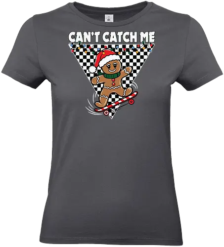 Can't Catch Me - gingerbread, skateboarding, santa hat, christmas, checkered, holiday, playful, graphic, festive, slogan - Standard T-Shirt (Women)