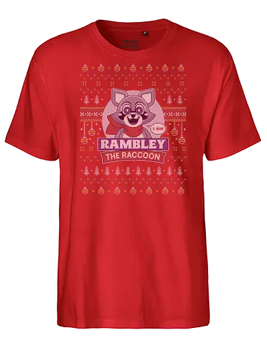 Rambley Raccoon Ugly Sweater - indigo, rambley the raccoon, mascot, cute, kawaii, horror, terror, survival, christmas, video games, gaming, gamer, finley sea serpent, lloyd lion, mollie macaw - Fairtrade T-Shirt