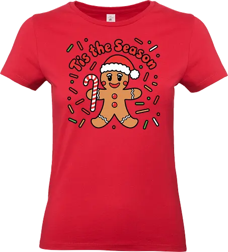 Tis the Season - gingerbread man, santa hat, candy cane, festive, holiday, christmas, sprinkles, cheerful, decoration, greeting - Standard T-Shirt (Women)