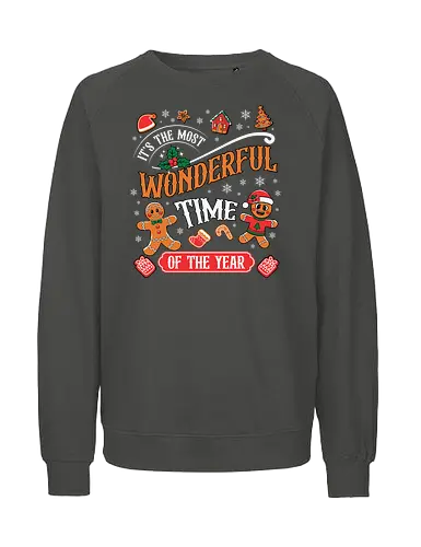 It's the Most Wonderful Time of the Year - holiday, christmas, gingerbread, festive, snowflakes, decorations, celebration, cheerful, winter, typography - Fairtrade Sweatshirt