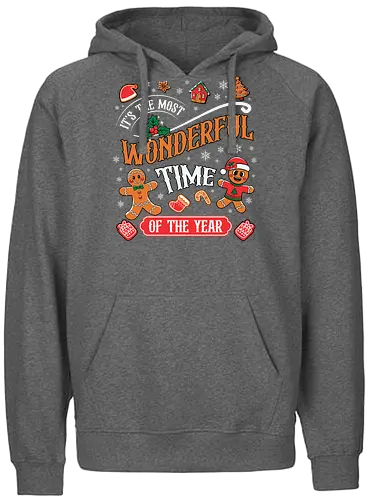 It's the Most Wonderful Time of the Year - holiday, christmas, gingerbread, festive, snowflakes, decorations, celebration, cheerful, winter, typography - Fairtrade Hoodie