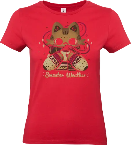 Cute Sweater Weather Cat - sweater weather, cozy cat, kawaii cat, cute cat, tea, ugly sweater, scarf, herbal tea, hot drink, autumn, winter, warm, happy, love, xmorfina - Standard T-Shirt (Women)