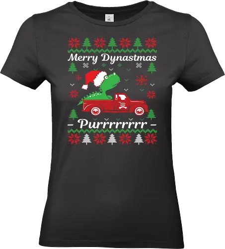 Merry Dynastmas - Purrrrrrrr - dinosaur, santa hat, christmas, holiday, festive, truck, snowflakes, trees, humor, green - Standard T-Shirt (Women)