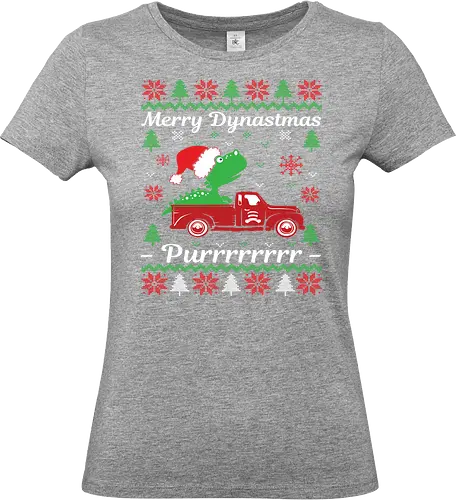 Merry Dynastmas - Purrrrrrrr - dinosaur, santa hat, christmas, holiday, festive, truck, snowflakes, trees, humor, green - Standard T-Shirt (Women)