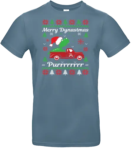 Merry Dynastmas - Purrrrrrrr - dinosaur, santa hat, christmas, holiday, festive, truck, snowflakes, trees, humor, green - Standard T-Shirt