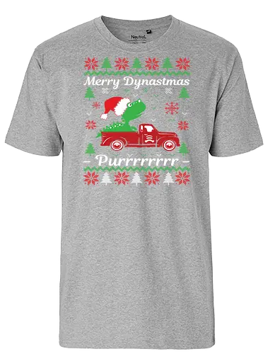 Merry Dynastmas - Purrrrrrrr - dinosaur, santa hat, christmas, holiday, festive, truck, snowflakes, trees, humor, green - Fairtrade T-Shirt