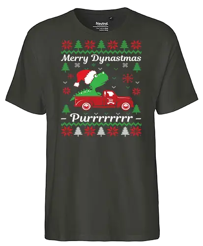 Merry Dynastmas - Purrrrrrrr - dinosaur, santa hat, christmas, holiday, festive, truck, snowflakes, trees, humor, green - Fairtrade T-Shirt
