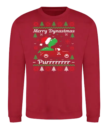 Merry Dynastmas - Purrrrrrrr - dinosaur, santa hat, christmas, holiday, festive, truck, snowflakes, trees, humor, green - Sweatshirt