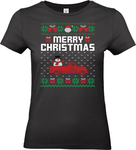Merry Christma - christmas, snowman, truck, festive, holiday, presents, snowflakes, seasonal, pattern, merry christmas - Standard T-Shirt (Women)