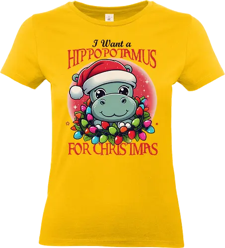 I Want a Hippopotamus for Christmas - hippo, santa hat, christmas lights, cute, wreath, holiday, festive, cartoon, fun - Standard T-Shirt (Women)