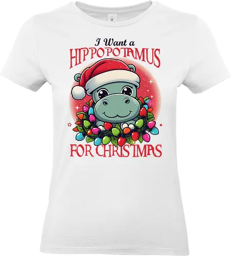I Want a Hippopotamus for Christmas - hippo, santa hat, christmas lights, cute, wreath, holiday, festive, cartoon, fun - Standard T-Shirt (Women)