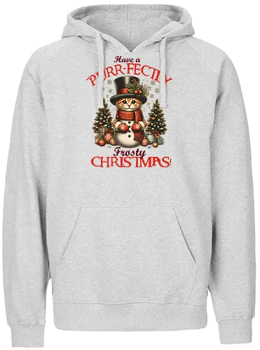 Have a PURR-FECTLY Frosty CHRISTMAS! - ornaments, greeting., christmas, cat, snowman, holiday, festive, top hat, scarf, decorated trees - Fairtrade Hoodie