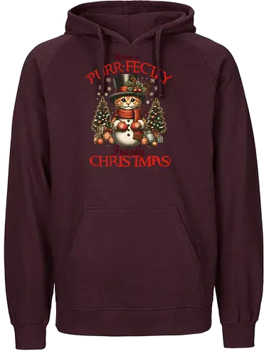 Have a PURR-FECTLY Frosty CHRISTMAS! - ornaments, greeting., christmas, cat, snowman, holiday, festive, top hat, scarf, decorated trees - Fairtrade Hoodie