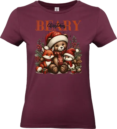 Beary Christmas - christmas, bear, fox, rabbit, santa hats, gifts, festive, holiday, foliage, cute - Standard T-Shirt (Women)